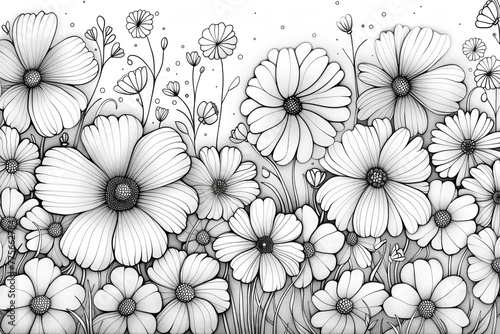 Zen tangle flowers in black and white for coloring book. Hand Drawn Flowers of coloring page in Monochrome Isolated in white background.
