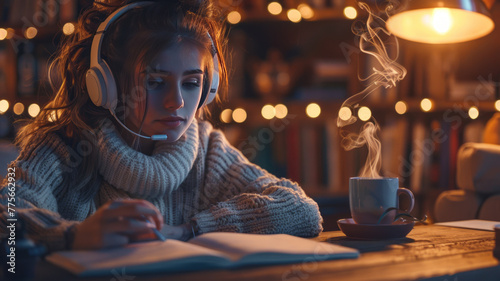 young attractive girl studying in a cozy room, wearing headphones, ambient light, smoking tea cup by her side,generative ai