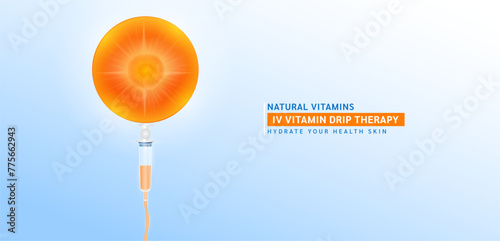 IV Vitamin Drip Therapy. Saline line and syringe is connected to the fresh carrot slice orange. Fruits rich in vitamins minerals collagen natural. Medical and beauty concept. Vector illustration.