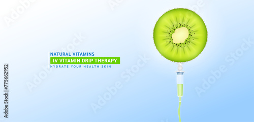 IV Vitamin Drip Therapy. Saline line and syringe is connected to the fresh kiwi slice. Fruits rich in vitamins minerals collagen natural. Medical and beauty concept. Vector illustration.