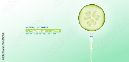 IV Vitamin Drip Therapy. Saline line and syringe is connected to the fresh cucumber slice. Fruits rich in vitamins minerals collagen natural. Medical and beauty concept. Vector illustration.