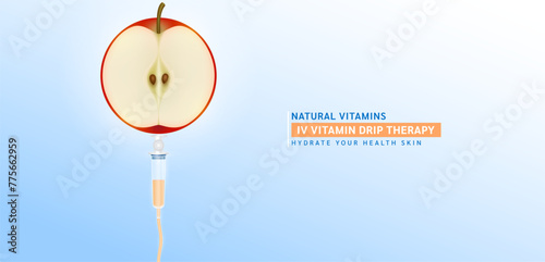 IV Vitamin Drip Therapy. Saline line and syringe is connected to the fresh red apple slice. Fruits rich in vitamins minerals collagen natural. Medical and beauty concept. Vector illustration.