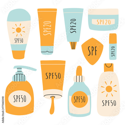 Set of Sunscreens, lotions with SPF. Sunscreen protection and sun safety. Sunscreen, lotion with SPF. Sunscreen lotion isolated. hand drawn vector illustration. Flat style. photo