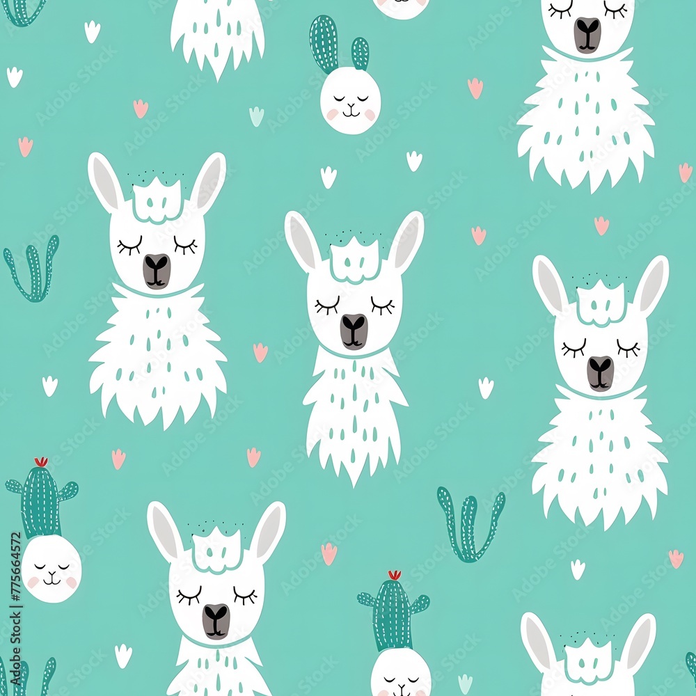 Cute al triples pattern with simple llama and cactus, turquoise background Cute al triples pattern with simple llama and cactus, turquoise background
