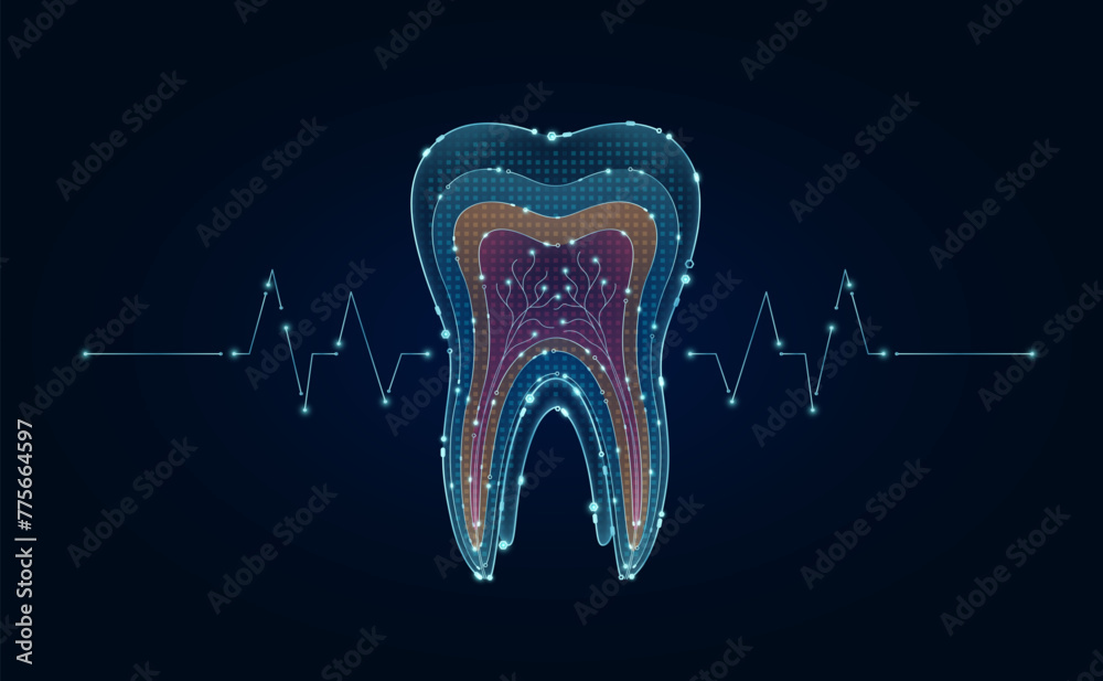 Electronic tooth dental and pulse wave glowing between connecting lines. Human organ microchip data circuit code. Medical science of technology futuristic digital innovative health care. Vector EPS10. - obrazy, fototapety, plakaty 