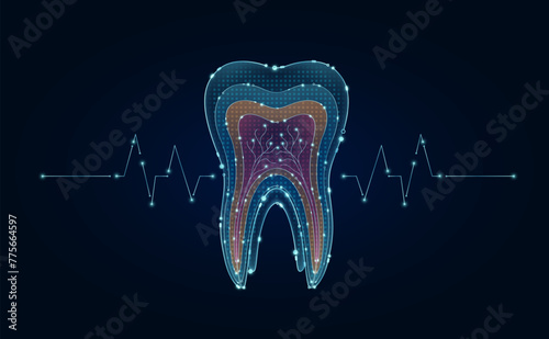 Electronic tooth dental and pulse wave glowing between connecting lines. Human organ microchip data circuit code. Medical science of technology futuristic digital innovative health care. Vector EPS10.
