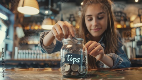 Young woman putting money in tip jar on cafe counter. Selective focus. Hospitality appreciation and tipping concept photo