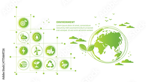 World environment and sustainable development concept with ecology doodle icons in gear, vector environment, eco friendly, green technology and ecology symbols. isolated vector in flat style