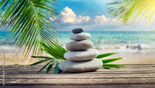 Coastal Calmness: Wooden Platform Featuring Stack of Pebble Stones and Palm Fronds - Spa Serenity