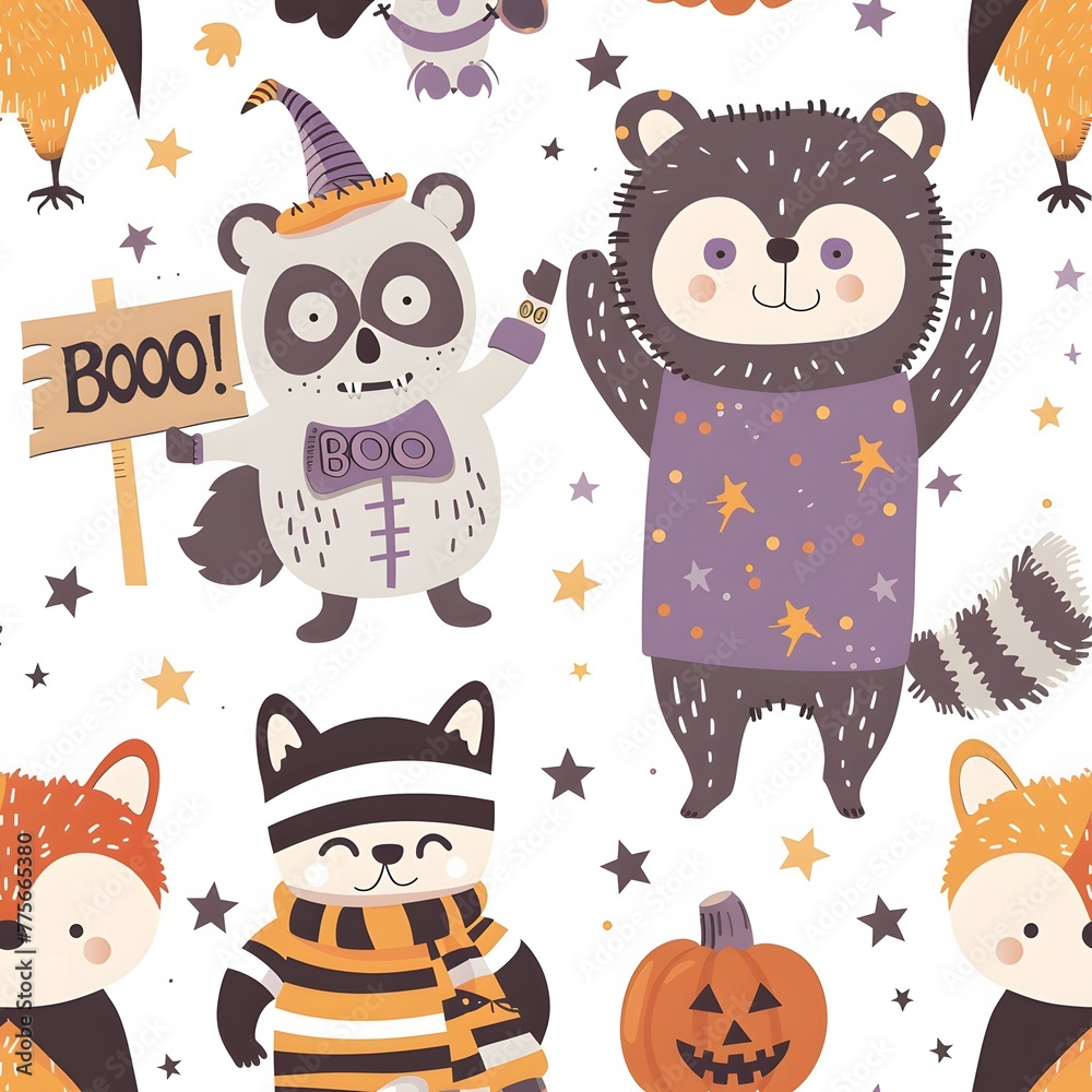 Obraz premium Cute animal characters dressed in Halloween costumes on a white background