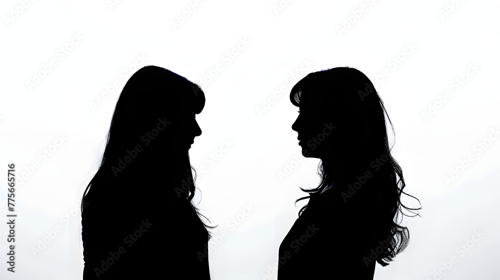 Silhouette. Two girls stand with their backs to each other on a white background.