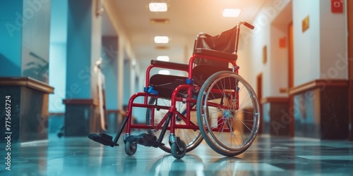 A red wheelchair is parked in a hospital corridor next to the wall photo