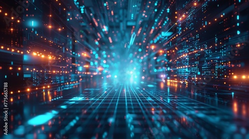 Data Center Server room. Futuristic network technology background