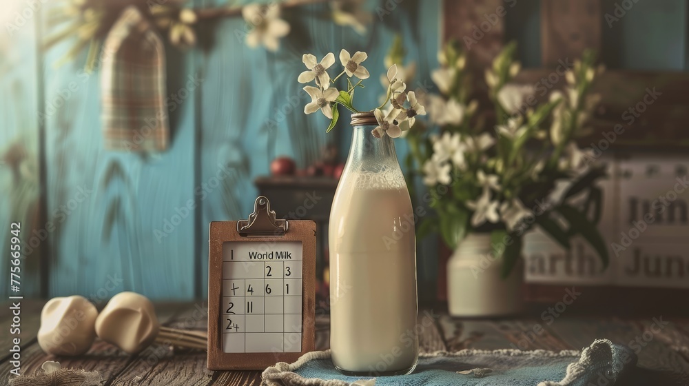 Classic milk bottle with white flowers and World Milk Day calendar on a rustic wooden table.