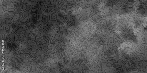 Contour topo map in black grunge texture, Black and white wave topographic map, Topography and geography map grid abstract vector background, Geographic mountain relief.
