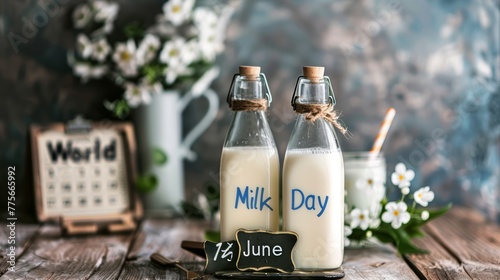 Vintage milk bottles with World Milk Day sign on rustic table with blooming flowers. 