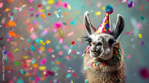 A happy llama wearing a party hat, surrounded by colorful confetti photo