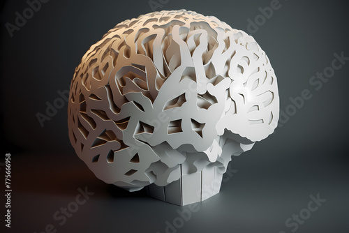 A white model of the human brain is placed on a black background.