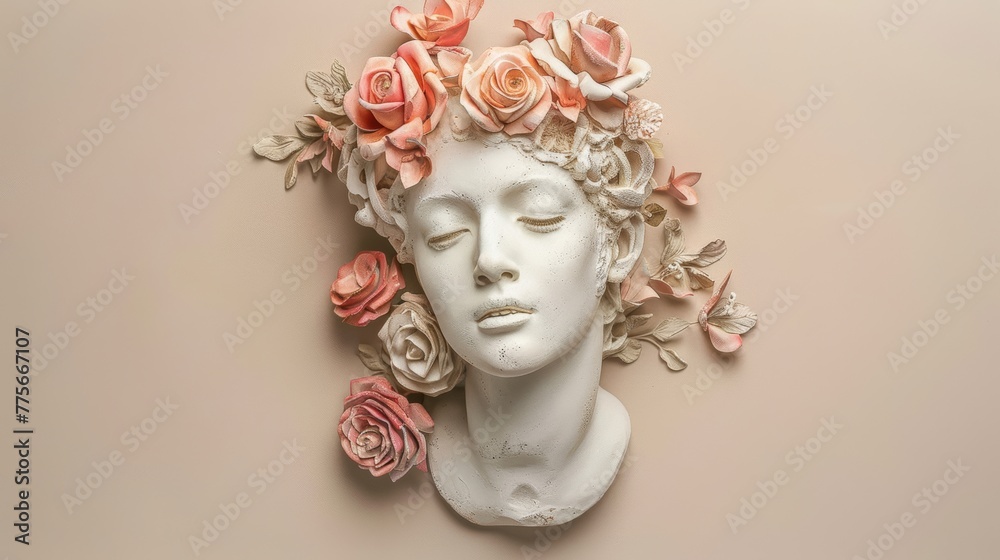 Classical sculpture with flower wreath isolated on beige. Renaissance and spring decor concept for design and print