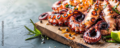 Grilled octopus on wooden board, Mediterranean flair, sky background for text