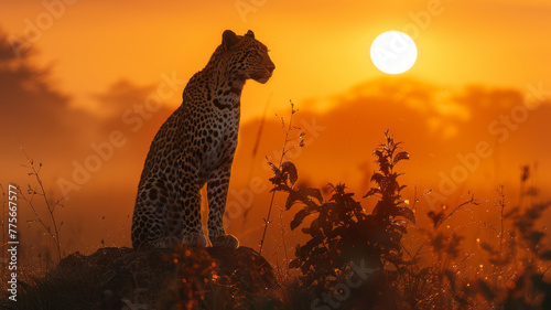 The rising sun casts a golden glow, illuminating the leopard and highlighting the delicate dewdrops on the surrounding grass .generative ai