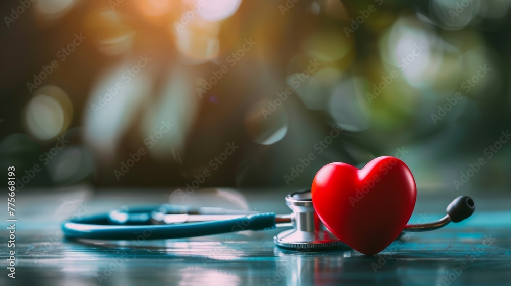 Red heart with stethoscope on textured blue background - obrazy, fototapety, plakaty 