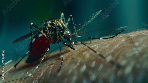 a mosquito sitting on an arm with a red belly
