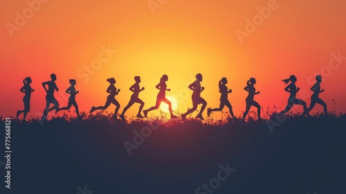 Silhouettes of runners on a hill against a vibrant sunset. Warm gradient sky background.