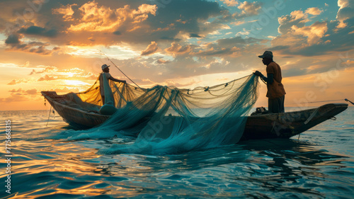 FISHER MEN FISHING WITH BIG NETS FROM THE BOAT IN THE SEA .generative ai photo