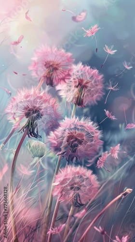 Vivid dandelions with floating seeds in a dreamy setting. Artistic nature backdrop. Springtime and fantasy concept.