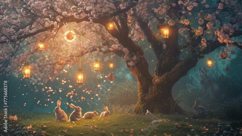 A rabbit is peacefully resting under a cherry blossom tree in a natural landscape at night, creating a serene and picturesque scene reminiscent of a painting AIG42E