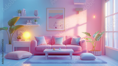 cube cutout of an isometric living room, isometric 3d render, pastel colors, soft lighting, high detail behance, ray tracing. photo