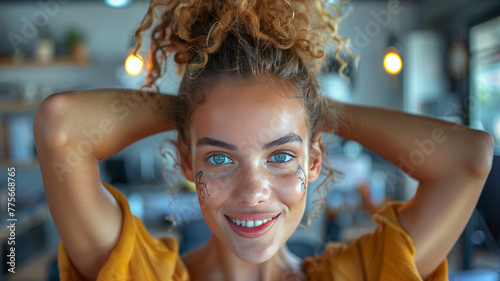 Portrait of a young woman screeming with a funny face, casual clothes , Holds hairs up, in business environment,generative ai photo