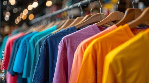 men's t-shirts on a rack, colorful colors, round neck, short sleeves photo