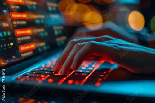 A close-up of a person's hands typing on a keyboard to conduct online banking transactions. Playing electronic keyboard with glowing lighting in dark room for entertainment © ivlianna