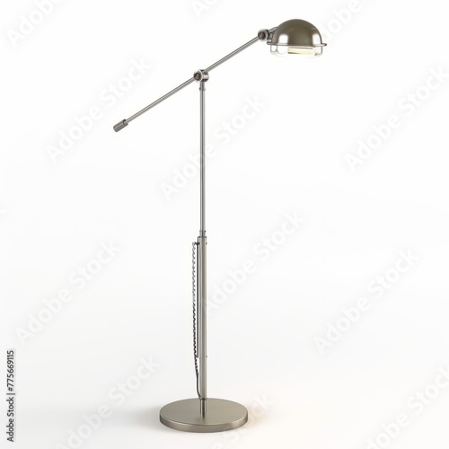 3D Render of a contemporary floor lamp with a metal frame and a woven rattan shade, on isolated white background, Generative AI