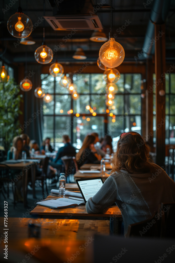 A person attending a workshop on tax-efficient investing strategies. Woman at table in restaurant with laptop, surrounded by darkness in city event
