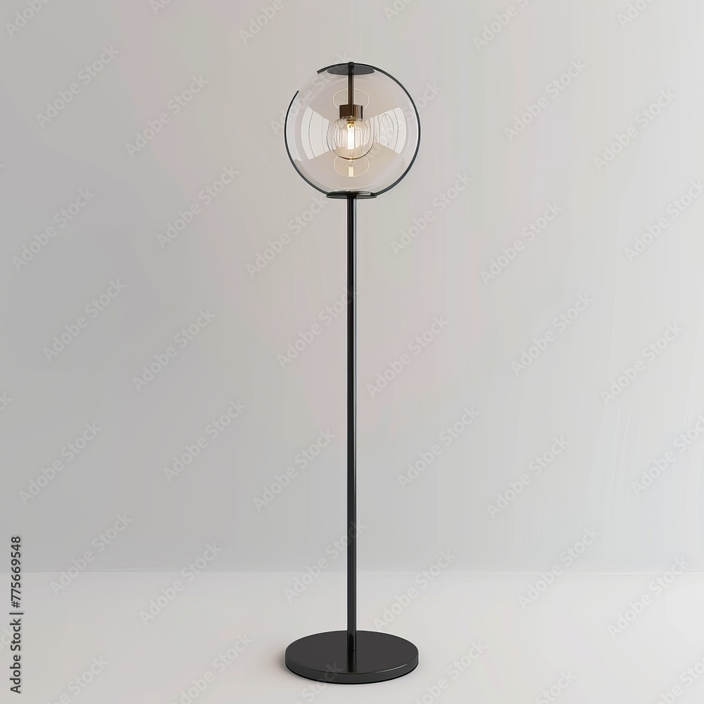 3D Render of a minimalist floor lamp with a slim black frame and a glass globe shade, on isolated white background, Generative AI 3D Render of a minimalist floor lamp with a slim black frame and a glass globe shade, on isolated white background, Generative AI