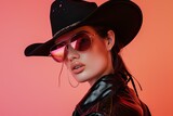 young woman wearing holographic sunglasses black leather cowboy hat and clothes against a pastel peach backdrop