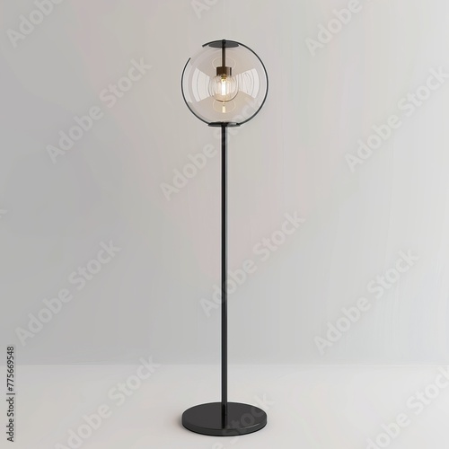 3D Render of a minimalist floor lamp with a slim black frame and a glass globe shade, on isolated white background, Generative AI