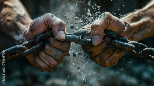 Breaking free concept with pair of hands breaking up a chain link. © paulmalaianu
