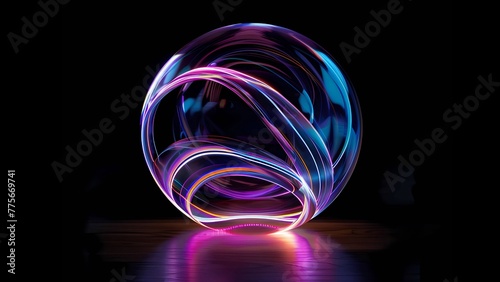 Abstract curved waves of colorful lights in the form of a ball on a black background