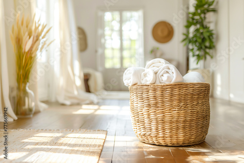 Tranquil room with wicker basket of neatly rolled white towels, evoking crisp and clean feel of laundry day. Concept of organized living, comfort of home, and simple pleasures of household upkeep photo