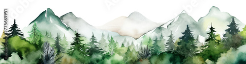 Watercolor mountains spruce trees landscape forest border, isolated hand drawn, watercolor illustration transparent background, Generative ai