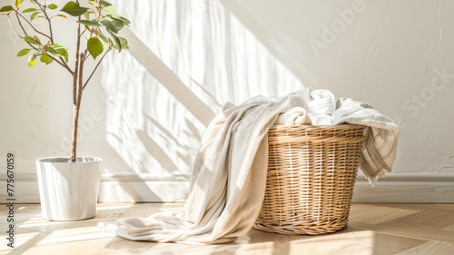 Sunlight bathes tranquil corner, where wicker laundry basket overflows with white linens, beside potted young tree, suggesting serene, clean domestic space and healthy lifestyle photo