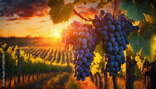 Ripe Blue Grapes Adorn the Vineyard at Dusk