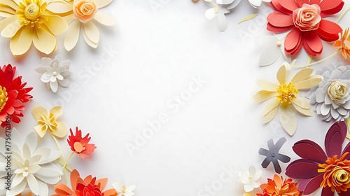 Floral Frame with Assorted Paper Flowers on White Background