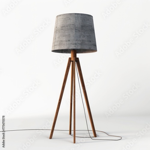 3D Render of a Scandinavian-style floor lamp with a wooden stand and a fabric drum shade in muted tones, on isolated white background, Generative AI