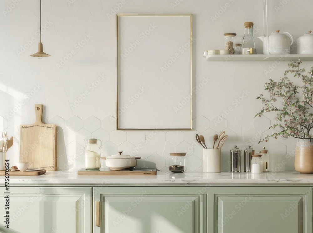 Fototapeta premium Mockup of a modern blank poster frame on a kitchen counter with hexagon tiles
