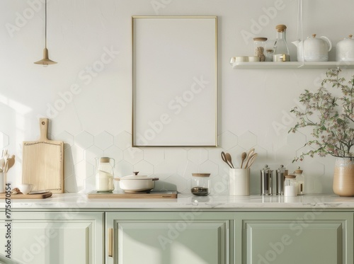 Mockup of a modern blank poster frame on a kitchen counter with hexagon tiles © MrMachyH